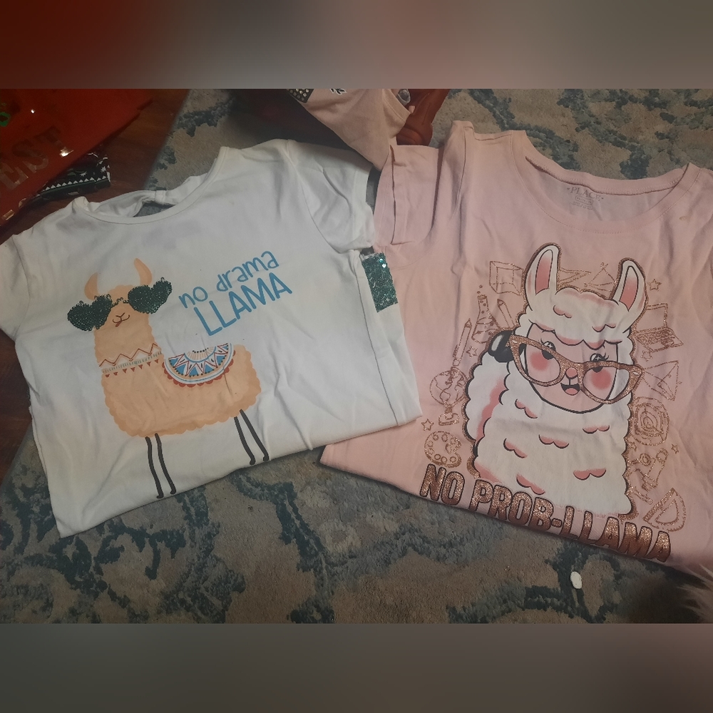 Two Cute Llama T shirts children place size XL 14- 16 white and pink